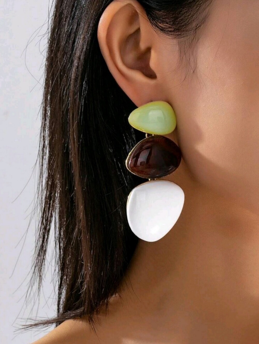 Green Brown White Resin Stone Drop Earrings Modern Statement Jewelry NWOT